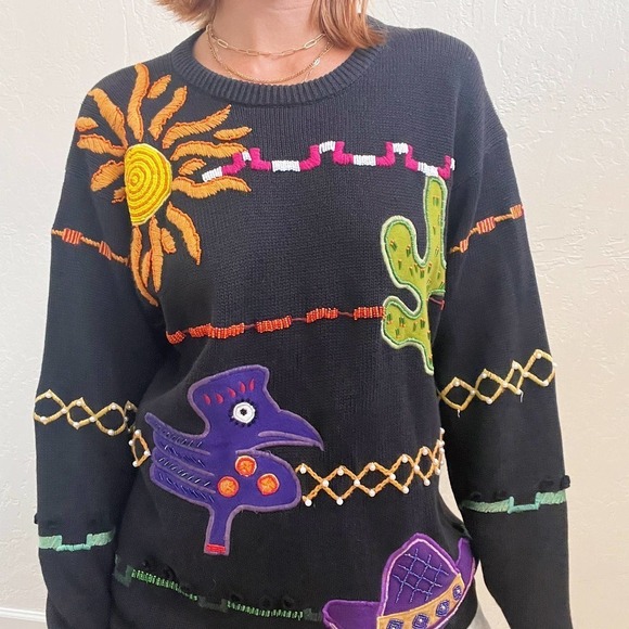 Vintage 1990's Desert Embroidered Funky Black Knit Sweater - Picture 5 of 6